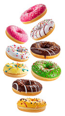 Colorful donuts in mid-air, arranged like a stack.  Various toppings and frosting