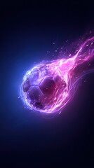 A glowing soccer ball ablaze with magenta and blue energy, streaking across a dark backdrop