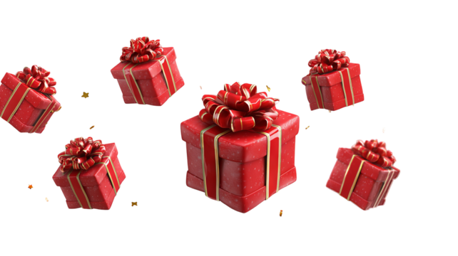 Red gift boxes with ribbon bows floating in mid air isolated on white high resolution transparent background clean png cutout ideal for holiday presents ecommerce packaging mockups and festive design
