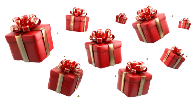 Red gift boxes with ribbon bows floating in mid air isolated on white high resolution transparent background clean png cutout ideal for holiday presents ecommerce packaging mockups and festive design
 - Powered by Adobe