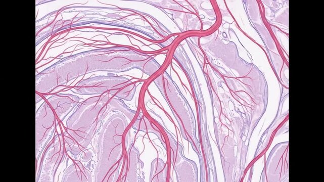 Microscopic view of branching blood vessels within tissue, showcasing intricate vascular networks.