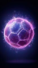 A glowing soccer ball illustration with a neon purple and blue color palette against a dark background