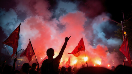 Nighttime Protest Scene with Crowd Waving Blue and Red Flags, Illuminated by Smoke and Firelight, Featuring a Focused Leader Making Eye Contact