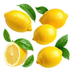 Bright yellow lemons, some halved, arranged in a square pattern with fresh leaves