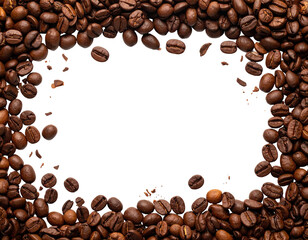 Coffee beans frame a black space. 