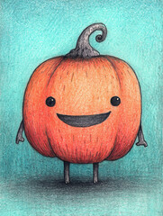 A halloween pumpkin character, cute, hand drawn with crayon, paper textured, friendly, fun, soft style.