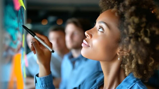 A Black young woman using a glass board to explain a sales mindmap to a multiethnic team in a modern office, Black woman business strategy, diverse team collaboration, office sales