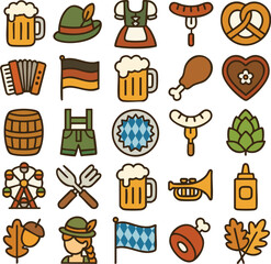 A vibrant collection of German Oktoberfest festival icons.