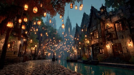 Illuminated medieval city street with canal and lanterns at night creating ambiance