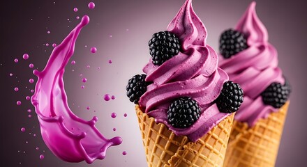 Delicious blackberry soft serve ice cream cones with a vibrant purple splash