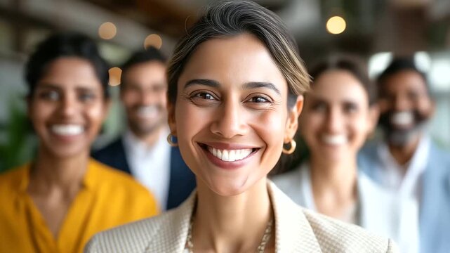 A diverse Indian team of business professionals smiling for a photo, led by a confident South Asian manager, multiethnic Indian team portrait, South Asian business leader, happy pr