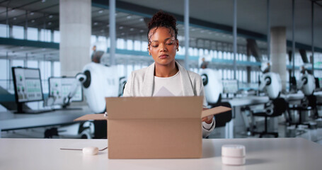 Fototapeta premium Humanoid Robots Taking Over: Unemployed Woman Packing Belongings