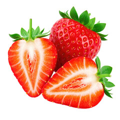 Fresh strawberries, sliced and whole.  Bright red, juicy fruit with green leaves