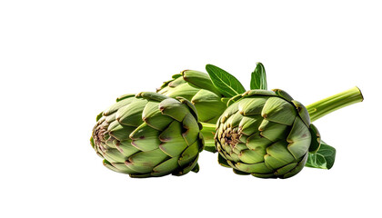 Close-up of three artichokes, vibrant green hue,?against a black background