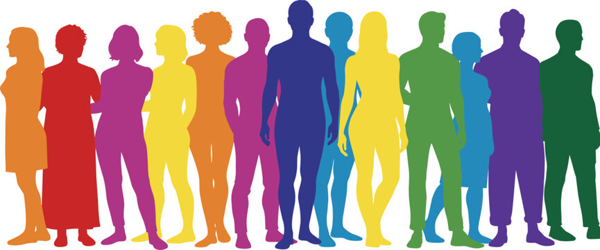 Rainbow-colored human silhouettes in unity, LGBTQ+ pride diversity illustration, inclusive community concept, symbolic equality and acceptance theme on white background