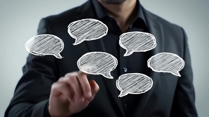 Man in Dark Suit Drawing White Speech Bubbles on a Glass Screen Communication Concept Business Solutions and Interactive Ideas for Customer Support - Powered by Adobe