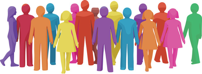 Stylized colorful human figures in unity, abstract diversity illustration, inclusive community concept, symbolic people group, equality and teamwork theme on white