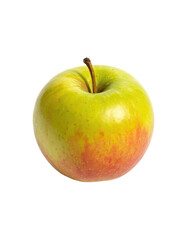 Close-up of a ripe, round apple.  Its skin displays a blend of pale yellow and light red-pink hues, with a subtle mottled pattern. A stem is visible at the top