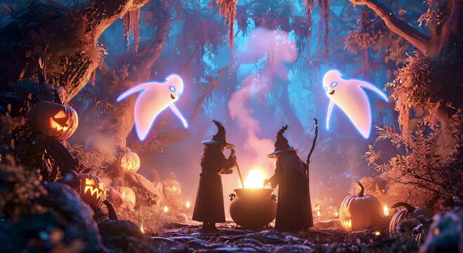Halloween witches brewing potions in a mystical forest surrounded by glowing pumpkins and ghostly spirits vibrant and eerie atmosphere