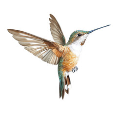 Obraz premium Rufous hummingbird in flight, isolated on transparent background, showcasing its copper and green plumage, highlighting its swiftness and grace in the natural world