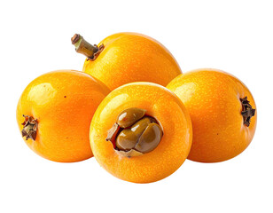 Close-up of four loquat fruits, vibrant golden yellow, smooth skin, and small, dark seed pods visible within one