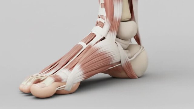 Detailed 3D anatomical rendering of the human foot and ankle, showing muscles, tendons, and bones on a white background.