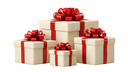 Four stacked beige gift boxes with red ribbons and bows isolated on white high resolution transparent background png cutout festive present packaging mockup for holiday cards ecommerce and design