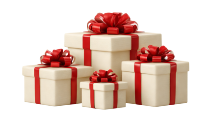 Four stacked beige gift boxes with red ribbons and bows isolated on white high resolution transparent background png cutout festive present packaging mockup for holiday cards ecommerce and design