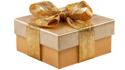 Golden gift box with satin bow and ribbon isolated on white high resolution transparent background png cutout for holiday presents ecommerce packaging mockups web banners and festive design