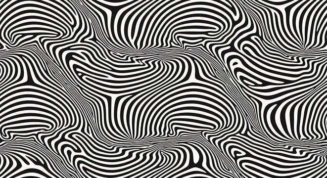 Distorted black and white zebra stripes forming a surreal, wavy pattern