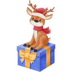 Watercolor illustration of Christmas reindeer sitting on gift box with scarf and Santa hat