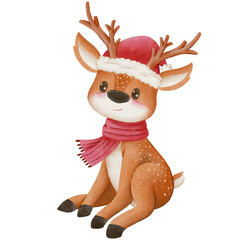Watercolor illustration of cute sitting Christmas reindeer with red scarf and Santa hat