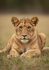 Obraz premium Focused Lioness Resting in the Wild - A Portrait of Strength and Serenity.