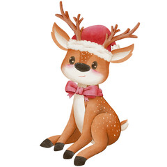 Watercolor illustration of cute sitting Christmas reindeer with red bow and Santa hat