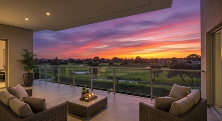 Experience breathtaking sunset views from this luxurious balcony overlooking a pristine golf course, perfect for serene evenings and upscale living.