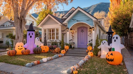 Festive Halloween Decorations Adorning a Cozy Home with Pumpkins and Ghosts