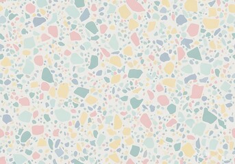Terrazzo pattern with small colorful chips in pastel shades on a white background