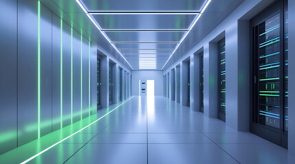 Modern futuristic server room corridor with blue and green led lighting