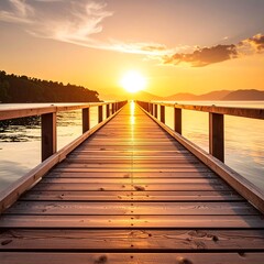 Fototapeta premium Wooden dock stretches towards the setting sun over calm waters