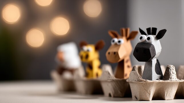 Colorful paper animal figures in egg cartons with a blurred bokeh background, creating a playful atmosphere