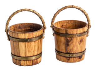 Two wooden buckets, side-by-side, with woven handles and brass bands