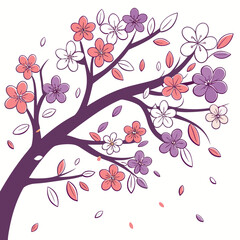A stylized illustration of a blooming cherry blossom tree with pink and purple flowers and falling petals against a white background