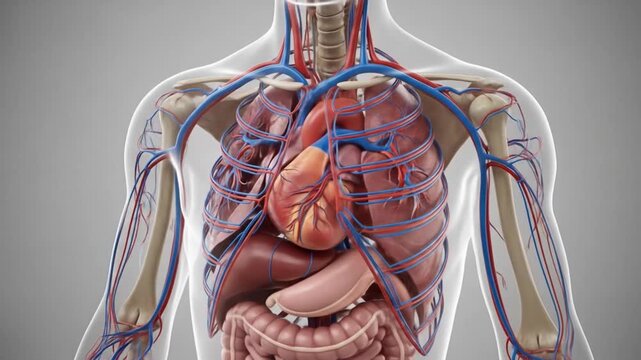 3D rendering of the human torso showing internal organs and the intricate circulatory system within the body.