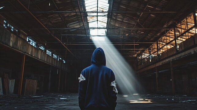 Alone figure stands in an abandoned warehouse bathed in dramatic light shafts