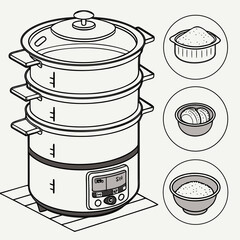 Illustration of a multi tiered electric steamer with a digital display and small circular insets showing ingredients like rice and dumplings