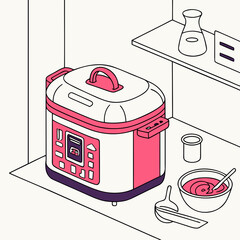 Modern kitchen scene featuring a multi cooker appliance with digital display and cooking accessories on a countertop