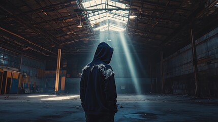 Lone figure stands in an abandoned warehouse bathed in ethereal sunlight shafts