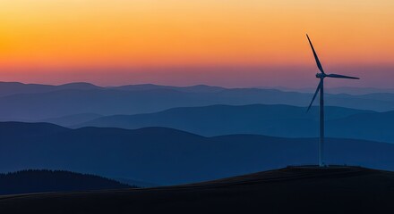 Golden Hour Sunset Over Rolling Hills With Wind Turbine
