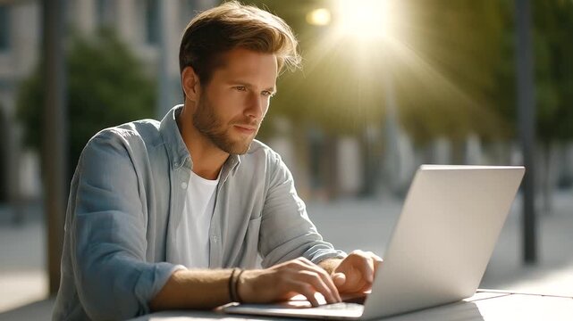 A man thinks with a laptop, the focused scene illuminated by gentle sunlight. Man, laptop, with copy space