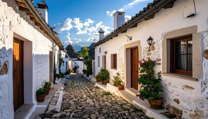 Obraz premium Charming Streetscape in White Stone Buildings with Flowers and Cobblestone Path Under Blue Sky in Gjirokaster Albania Summer Day